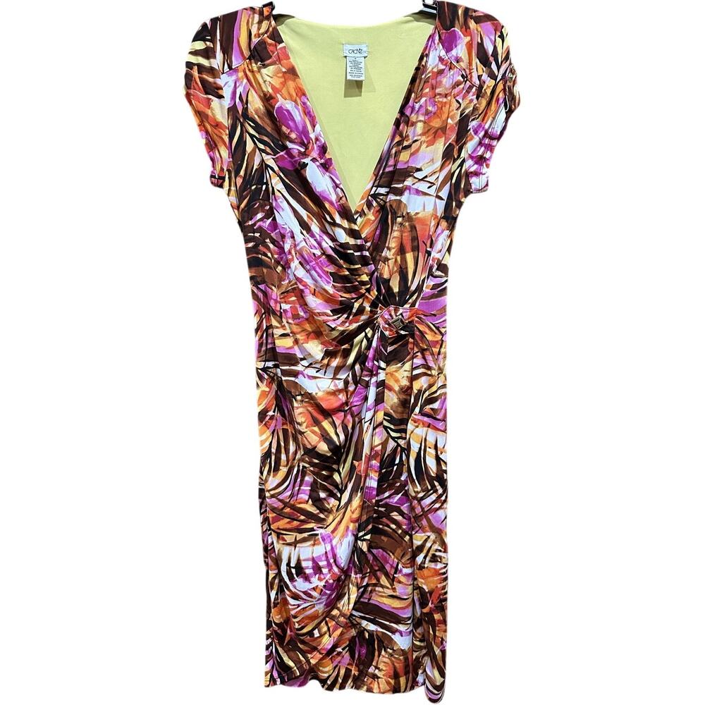 Cache Multicolor Wrap Midi Dress — Purple, Orange, Brown